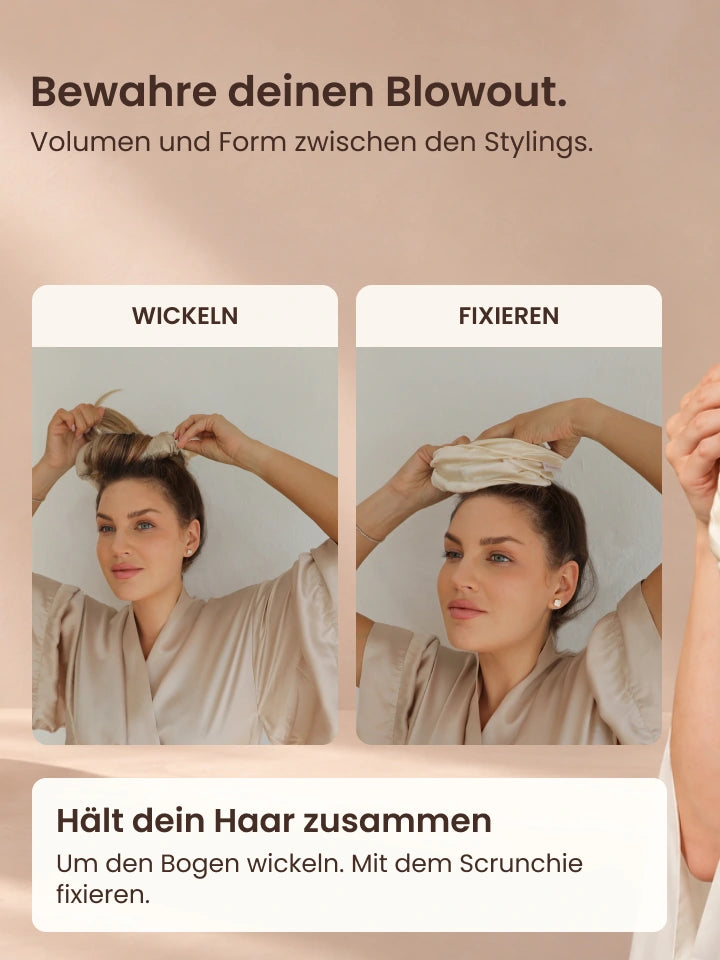 Bewahre deinen Blowout. Um den Bogen wickeln und mit dem Scrunchie fixieren.