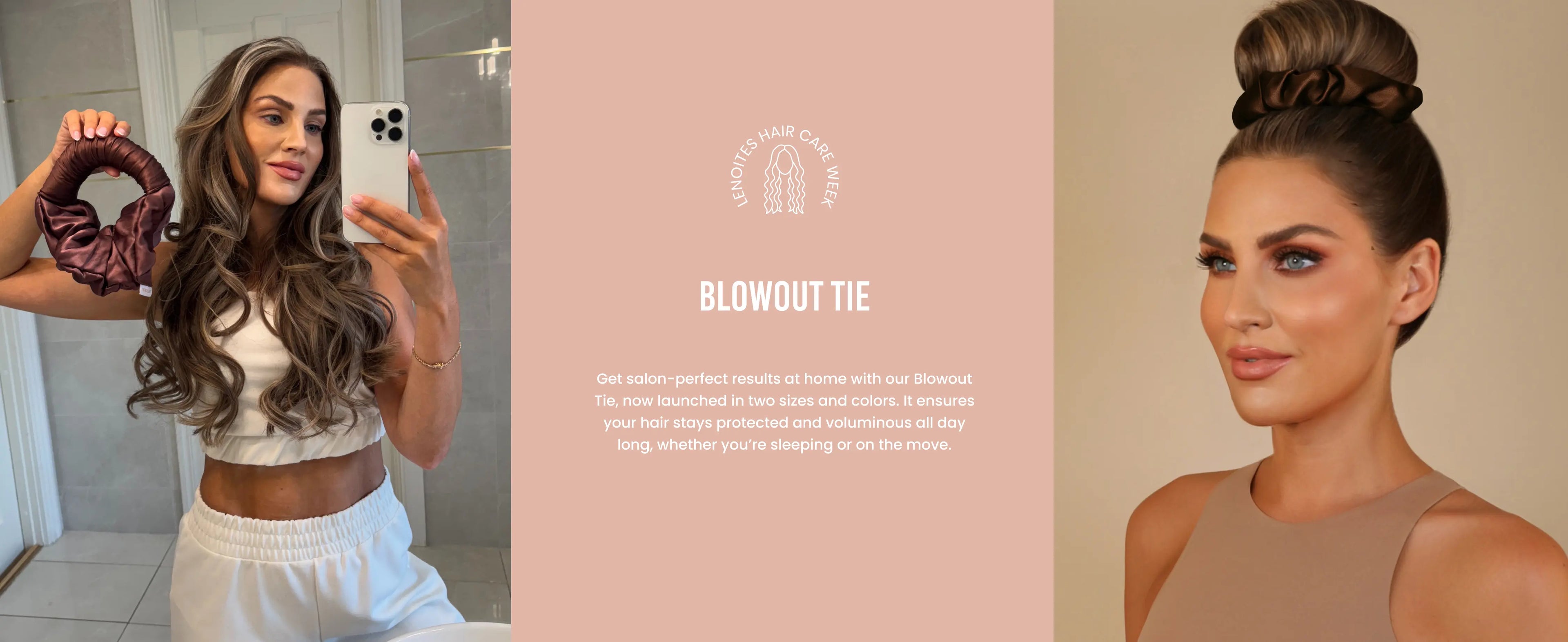 Lenoites Blowout Tie shown in use for keeping voluminous curls and sleek updo, with product description in the center.