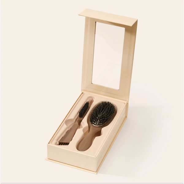 Wild Boar Hair Brush in Mocha by Lenoites, featuring a sleek handle and bristles, displayed against a soft beige background.