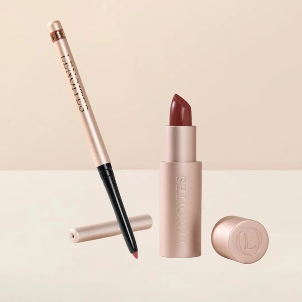 Sculpt and Hydrate Lip Duo by Lenoites featuring a Tinted Lip Balm in color midnight, a Shape & Sculpt Lip Liner in color rosewood, elegantly arranged on a light beige background.