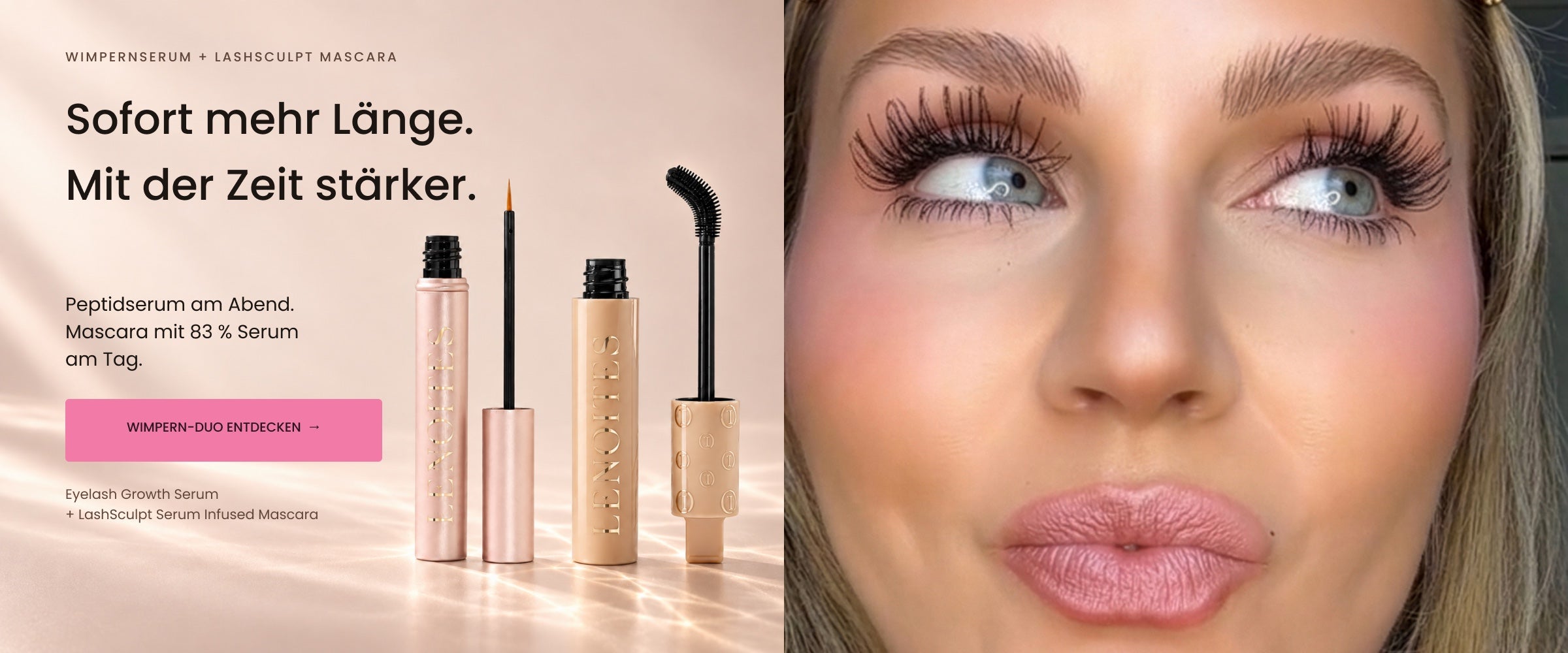Wimpernserum + LashSculpt Mascara. Sofort mehr Länge. Mit der Zeit stärker. Peptidserum am Abend. Mascara mit 83 % Serum am Tag. Wimpern-Duo entdecken.